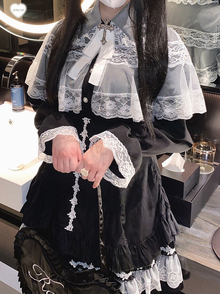 Jirai Kei Bluse im Landminenstil, weiß und schwarz/ganz schwarz, mit Cape-Design aus Spitze