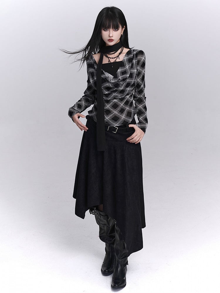 Top Faux Two-Piece Cowl Autumn Black Neck Plaid