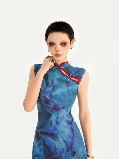 Sleeveless Cheongsam Dress with Oil Painting Horse Pattern