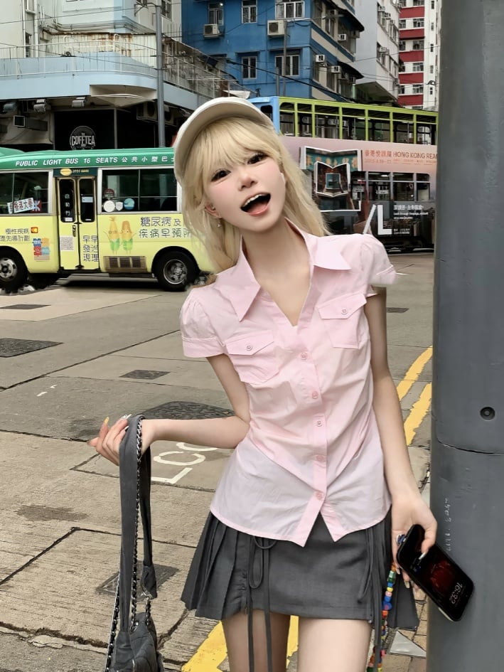 プリーツスカートスタイルのプレッピースイートピンク半袖シャツ/グレーミニ