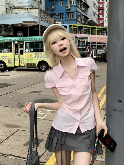 プリーツスカートスタイルのプレッピースイートピンク半袖シャツ/グレーミニ