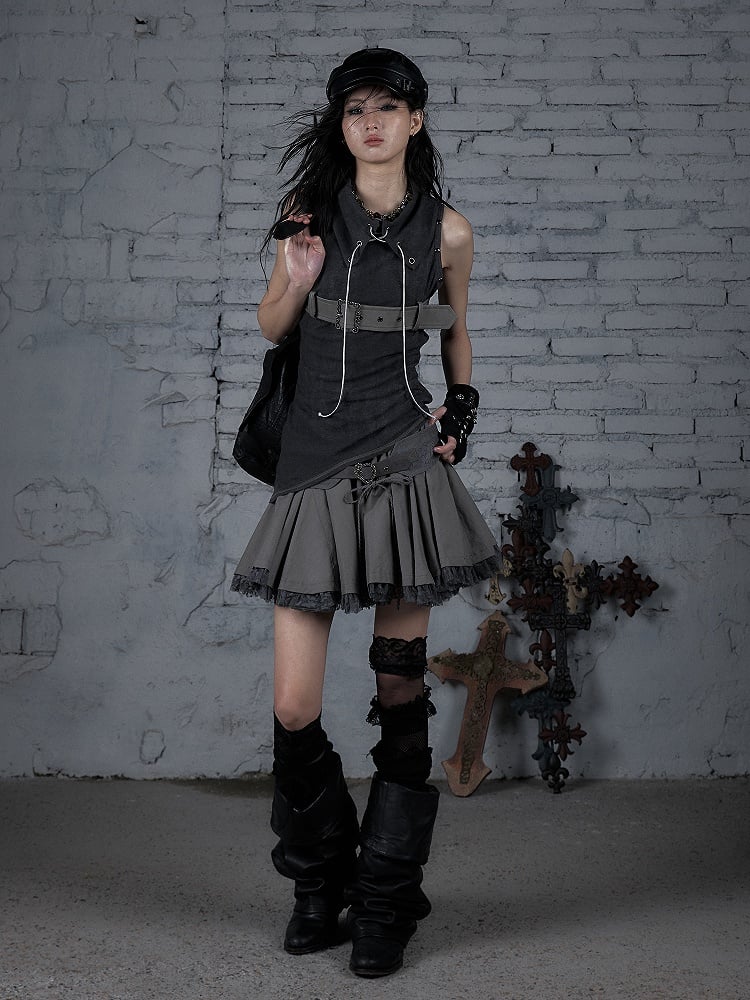 with Top Punk Belt Lace-ups Grey Buckle Dark Studded Knit Tank Crisscross
