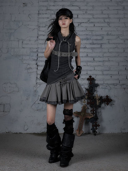 with Top Punk Belt Lace-ups Grey Buckle Dark Studded Knit Tank Crisscross