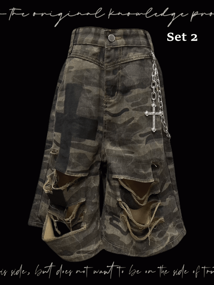 Punk Camouflage Distressed Holes Wasteland Wide-Leg Shorts