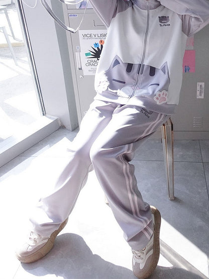 Elastic Waistband Kawaii with Grey Pants Embroidery Cat