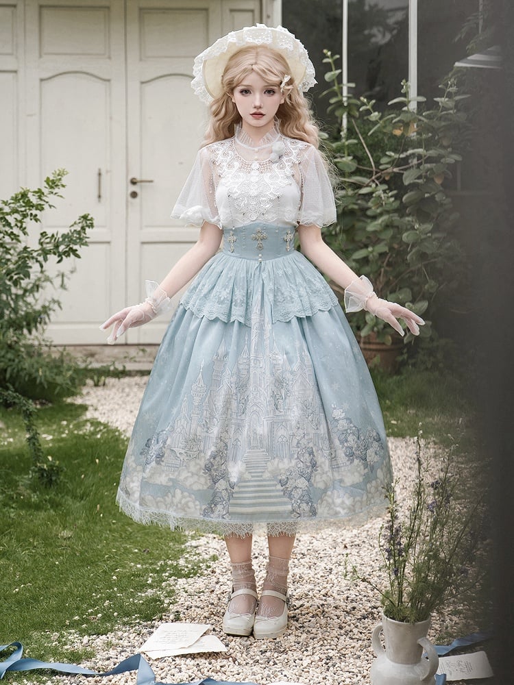 Weißer Rock mit hoher Cape-Taille, Top, Camisole + Tüll-Print, Castle Blue