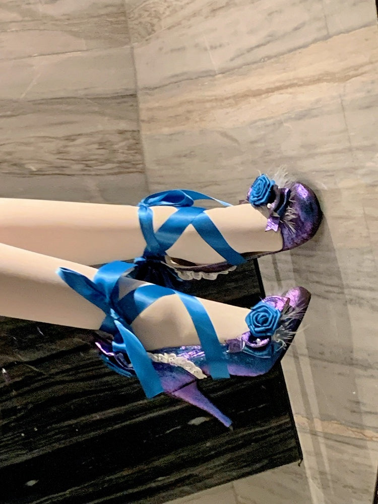 Blue & Purple Feather & Rose Theme 9.5cm High Heels with Lace-up Design - Cheese Mango