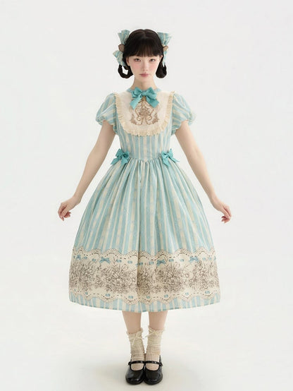 Embroidery One Bodice Piece Blue Floral Striped Classic and Bowknot Version Lolita Pattern Long