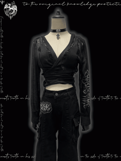 Strap Punk Schwarz Distressed Löcher mit Kapuze Strickjacke Glamouröse Selbst-krawatte