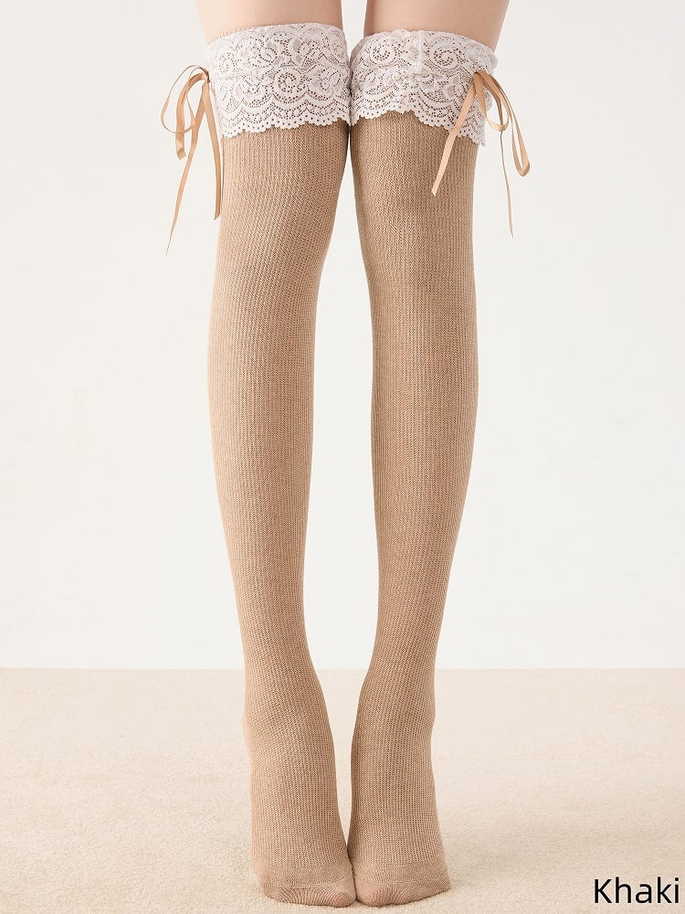 Knee Bow Stockings Ribbon Lolita Lace 7 with Colors Over Trim