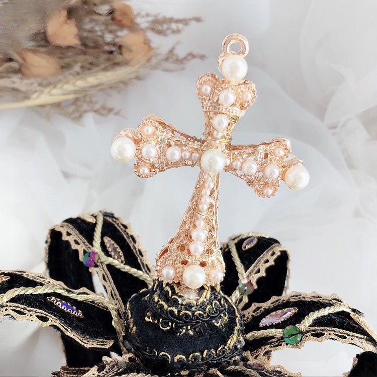Rhinestone Black Cross Mini Lolita Crown Hat Decorated Hime Design bow Beaded