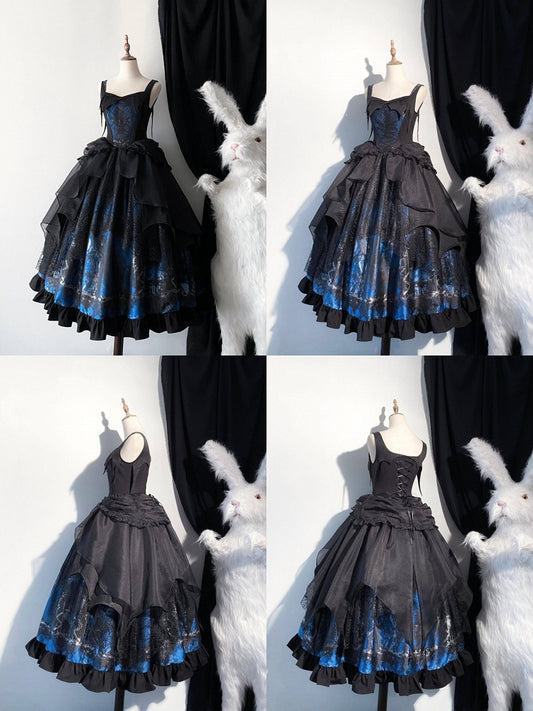 Blue with Layered Dress Irregular Lolita Gothic Overlay JSK Black