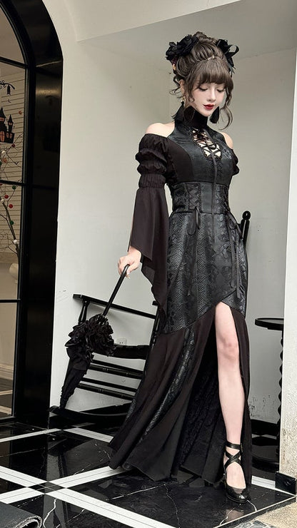 Black Open Shoulders Gothic Lolita Snakeskin Grain Top