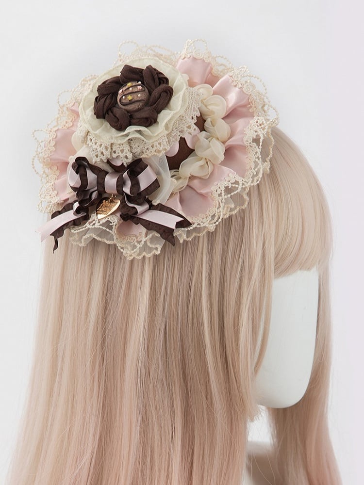 With Cake-shaped Sweet Mini Brown Lace Hat Pink Clips Lolita