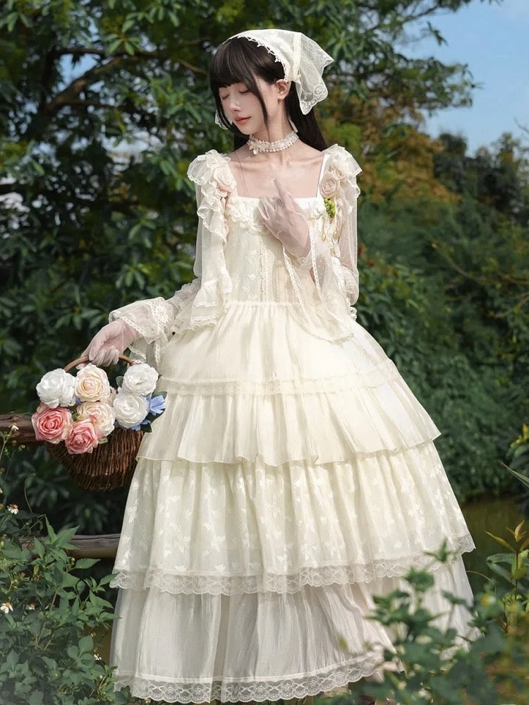 Kleid Schmetterling Creme Spitze JSK Set Lolita Lagen Voll gepatcht