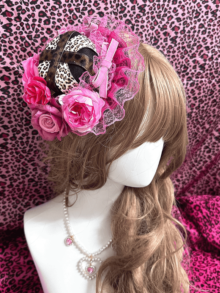 Hime Opulent Ruffled Rose Leopard Print Hat Mini Gyaru Pink/Rose Lace Red Trim with