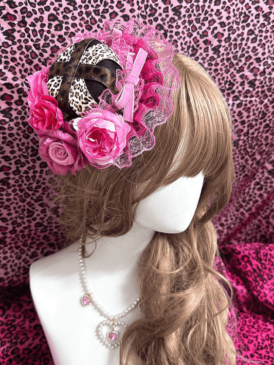 Hime Opulent Ruffled Rose Leopard Print Hat Mini Gyaru Pink/Rose Lace Red Trim with