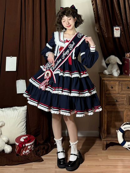 Lolita-Kleid, kurz, abnehmbar, Marineblau, mit Ärmeln, blau, Sommer-Matrosenkragen