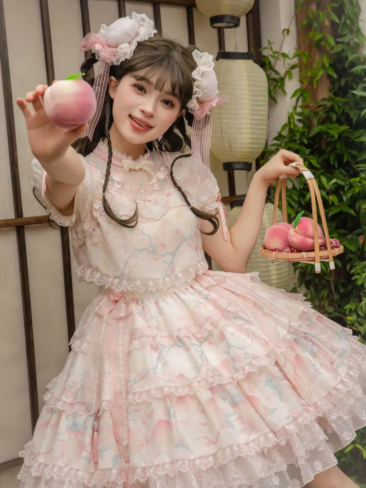 Pink Tiered Skirt Qi Lolita Dress Delicate Peach and Peach Blossom Embroidery on Neck