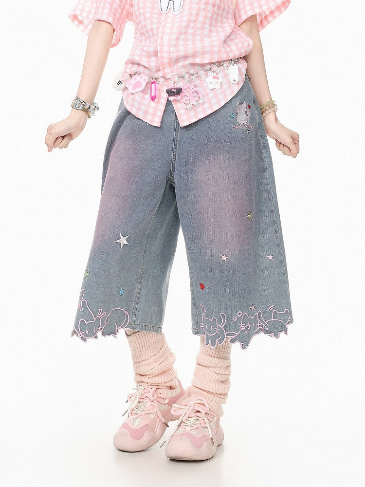 Daily Kawaii Light Blue Kitty & Star Embroidery Wide-Leg Cropped Jeans - Languid Park