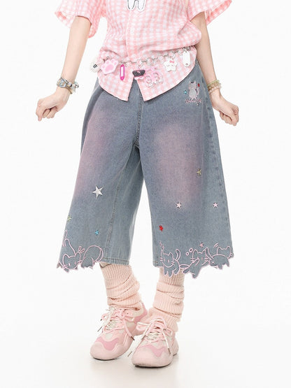Daily Kawaii Light Blue Kitty & Star Embroidery Wide-Leg Cropped Jeans - Languid Park
