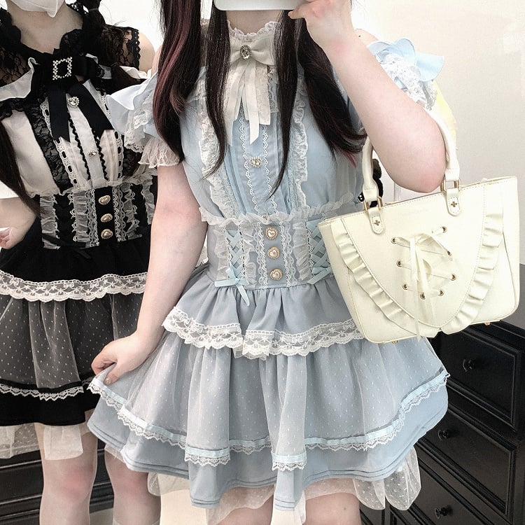 Jirai Kei Black/White/Red/Light Open Shoulder Sweetheart Blue