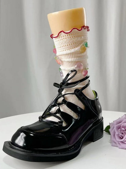 Decorated Cotton Fruit Socks 4 Lace Cutout Colors