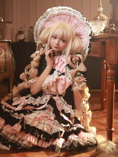 Schwarz-Rosa Süßes Hexenkleid mit hoher Taille, Lolita-Pulloverrock, komplettes Set