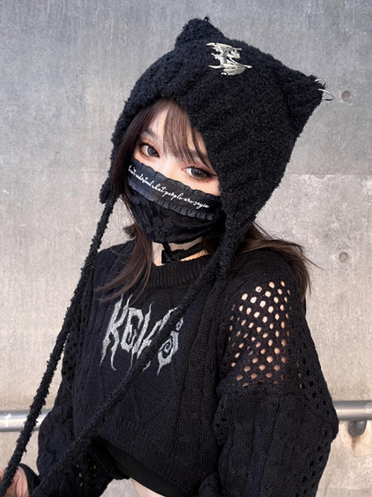 Knit Silver Detail Beanie Punk Devil Cat Y2K Dangling with Black Ties Ear