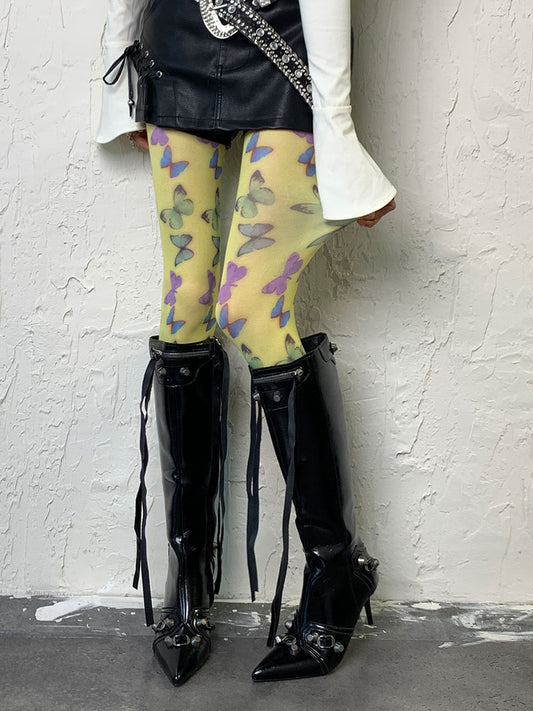 Hellgrüne Y2K-Schmetterlingsstrumpfhose
