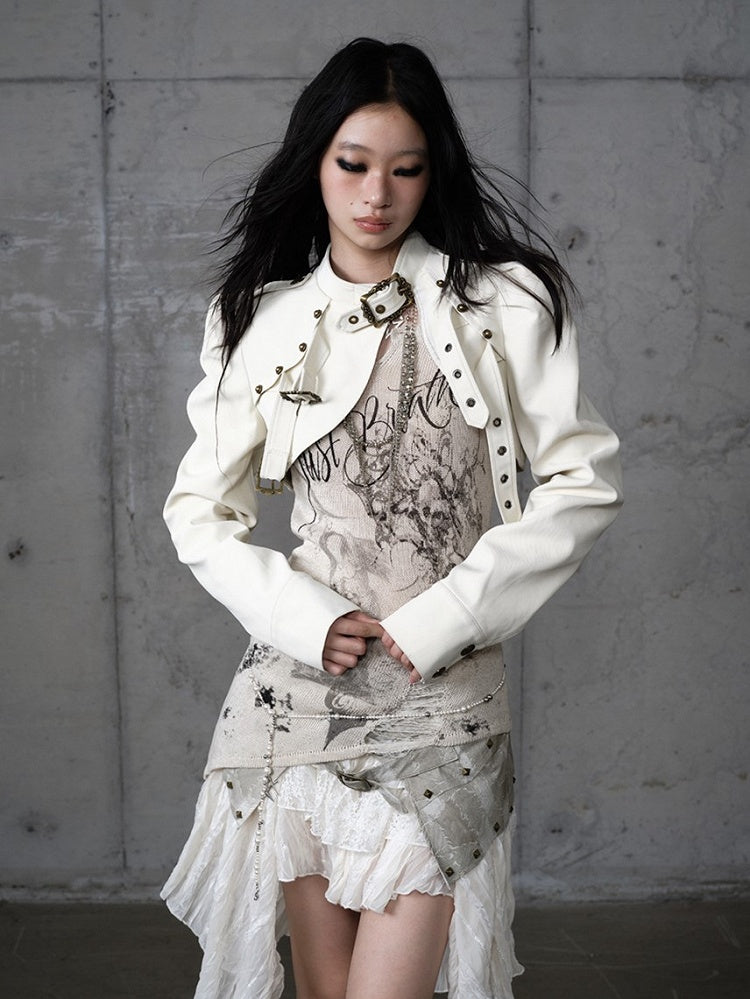 Buckled Punk Straps Crop Jacket with Collar Stand Beige Knight-Style