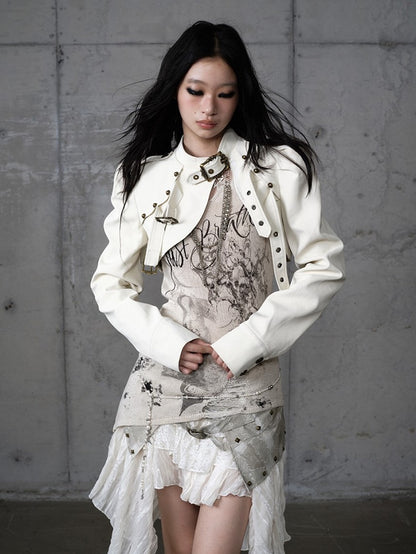 Buckled Punk Straps Crop Jacket with Collar Stand Beige Knight-Style