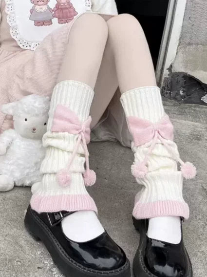 Pink Knit Pom-Pom Bow Colors: Leg Ribbed (3 Warmers