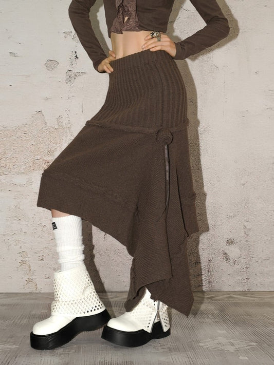Asymmetrical Brown A-Line Knit Skirt with Rose Ribbon Detail