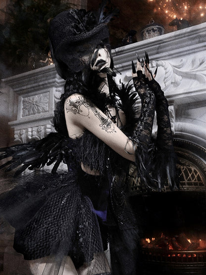 Feather-Adorned Black Dress Beaded Straps Ballet Purple and Goth Detachable Tulle Train with