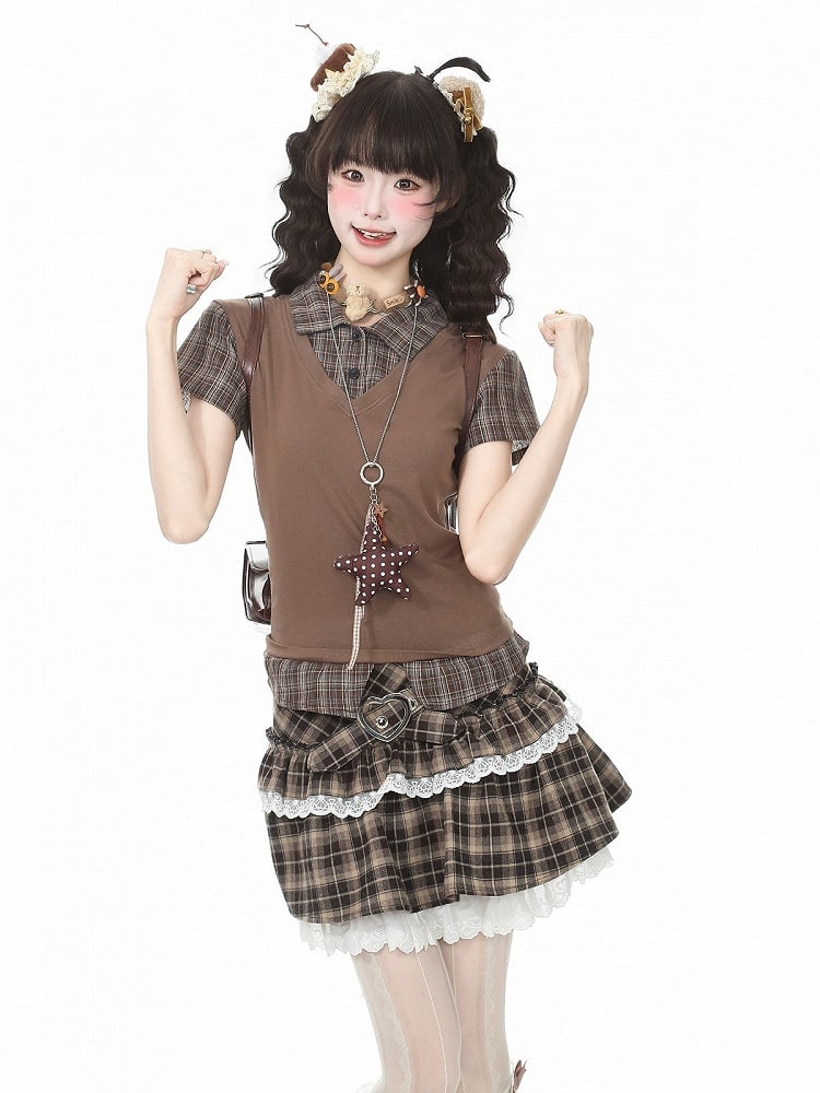 Brown Plaid Two-Piece Short Sleeve Top - Languid Park