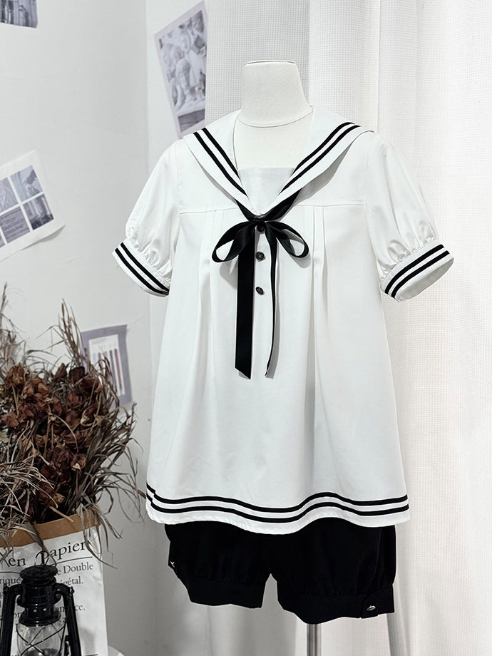 and Sailor Collar Black Shirt White Shorts Sleeves Short