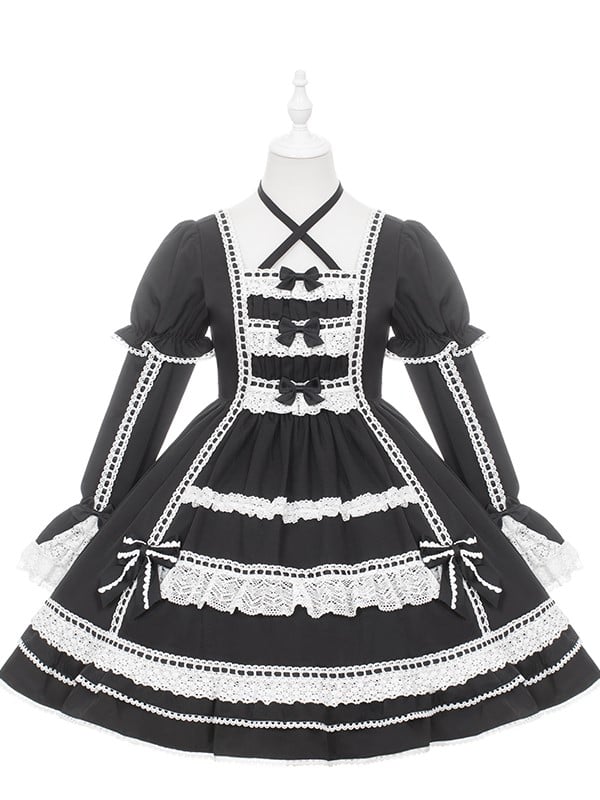 Christmas Red / Black Juliette Sleeve Old School Lolita Dress with Opulent Lace & Bow Accents