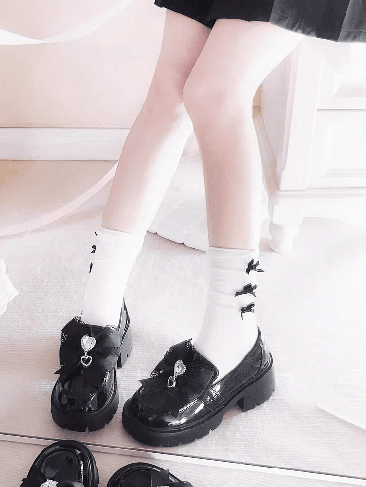 Polished 6cm Jirai with Black Loafers Rhinestone Sweetheart Bow Platform in Kei Heel