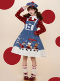 Kawaii Blue A-line Dress with Animal Embroidery Patchwork & Bowknots - iris de nuit