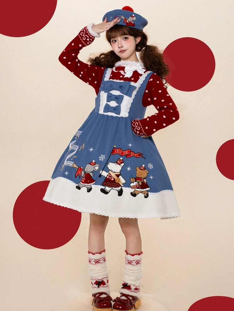 Kawaii Blue A-line Dress with Animal Embroidery Patchwork & Bowknots - iris de nuit