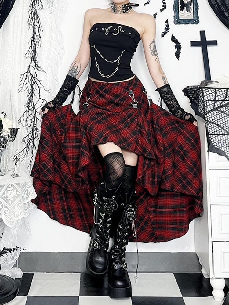 Punk Front with Black Red Plaid Skirt High-Low Hook Halloween Detail