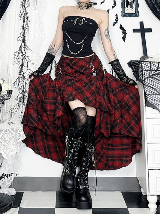 Punk Front with Black Red Plaid Skirt High-Low Hook Halloween Detail