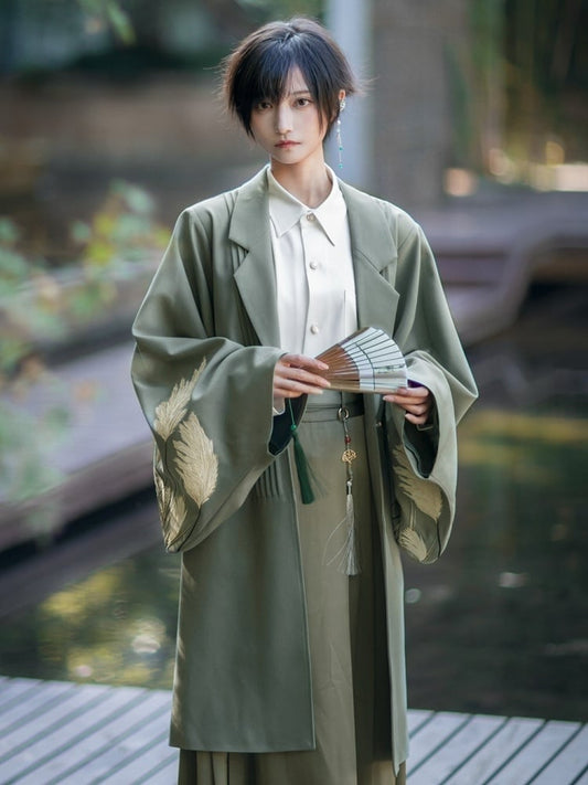 Han-inspired with Green Unisex Coat Pleating Details