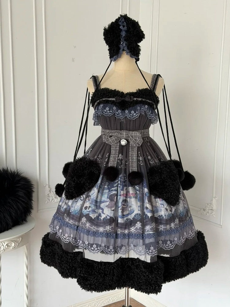 Black Lolita Jumper Dress Penguin Snowball Winter Plush Heart Pocket Theme - Lineall Cat