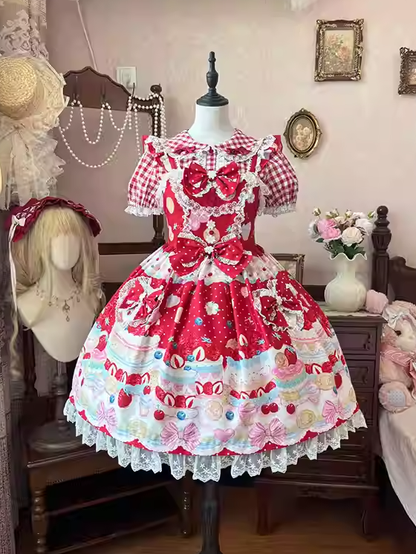 スイートなチェック柄ブラウス（レッド/ピンク）ピーターパンカラー レーストリム ロリータ