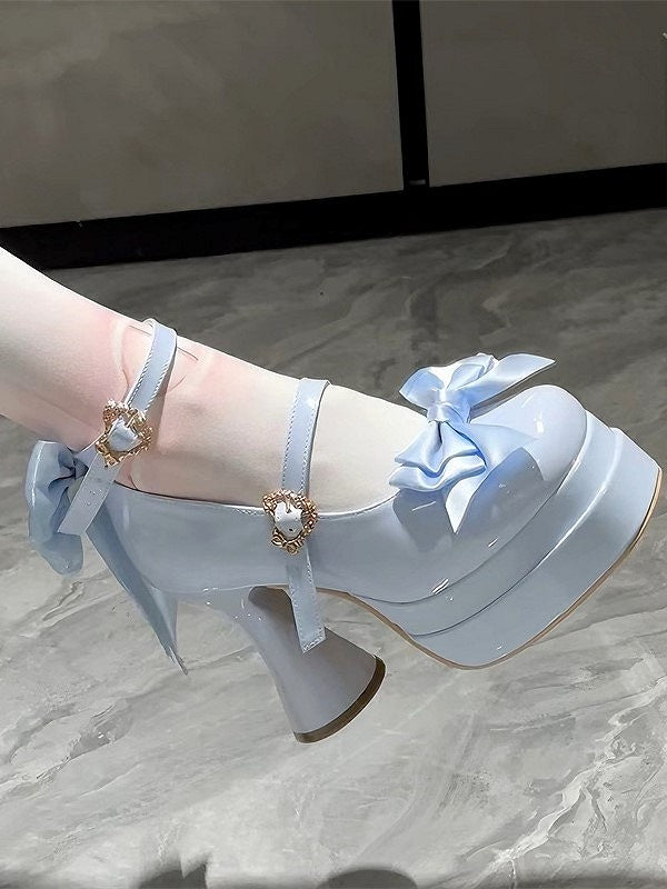 Decorative Platform Sky Bows Sweet Lolita Blue with in Round-Toe Mary Janes High-heel