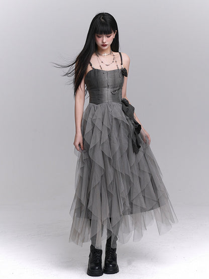Gothic Rose Gray Accents Slip Tulle Dress Ruffles with Cascading
