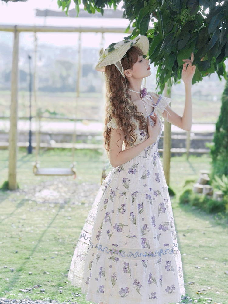 ネックラインジャンパースカート ベージュ オフショルダー パープルアイリス刺繍