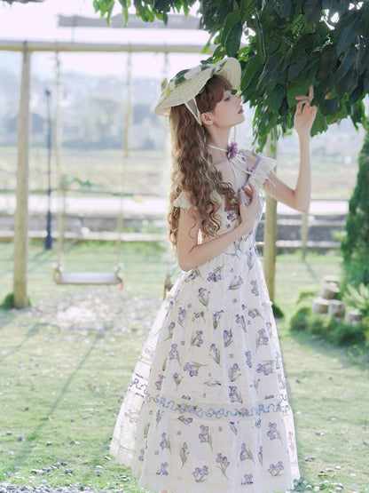 ネックラインジャンパースカート ベージュ オフショルダー パープルアイリス刺繍